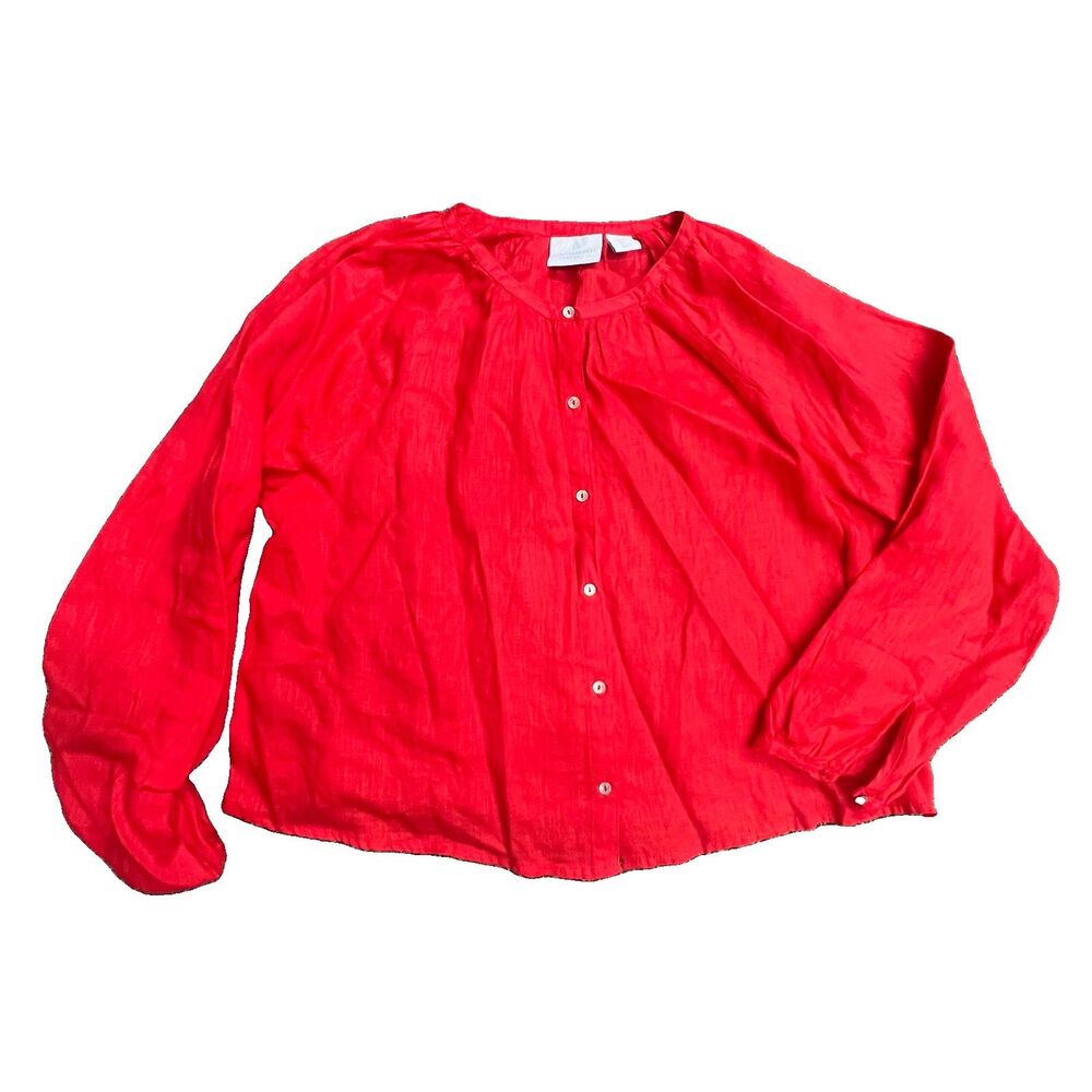 Women’s Sz L Red Linen Blouse Breathable Long Sleeve Button Up